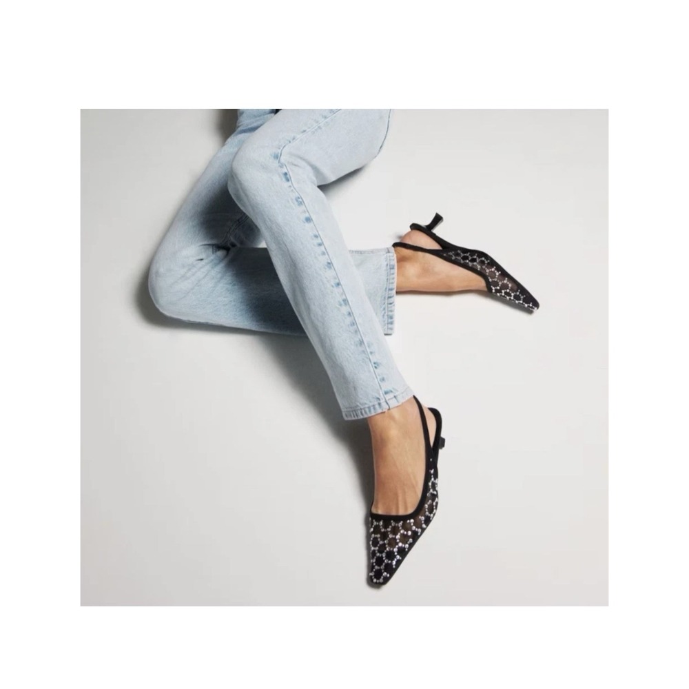 Mango Sling back Glitter Rhinestones Kitten Heels 37 Crystals High-heeled Pumps